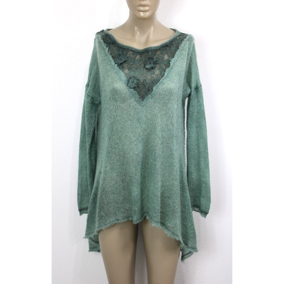 Kosmika Womens OS Sweater Pullover Open Knit Green Mohair Blend Italy - Picture 1 of 8